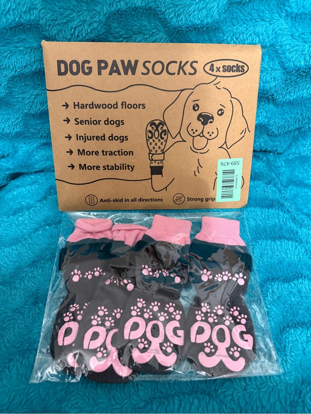 Dog Paw Socks for Dogs - Pink/Black - Non-Slip Pet Booties (4 Pack)
